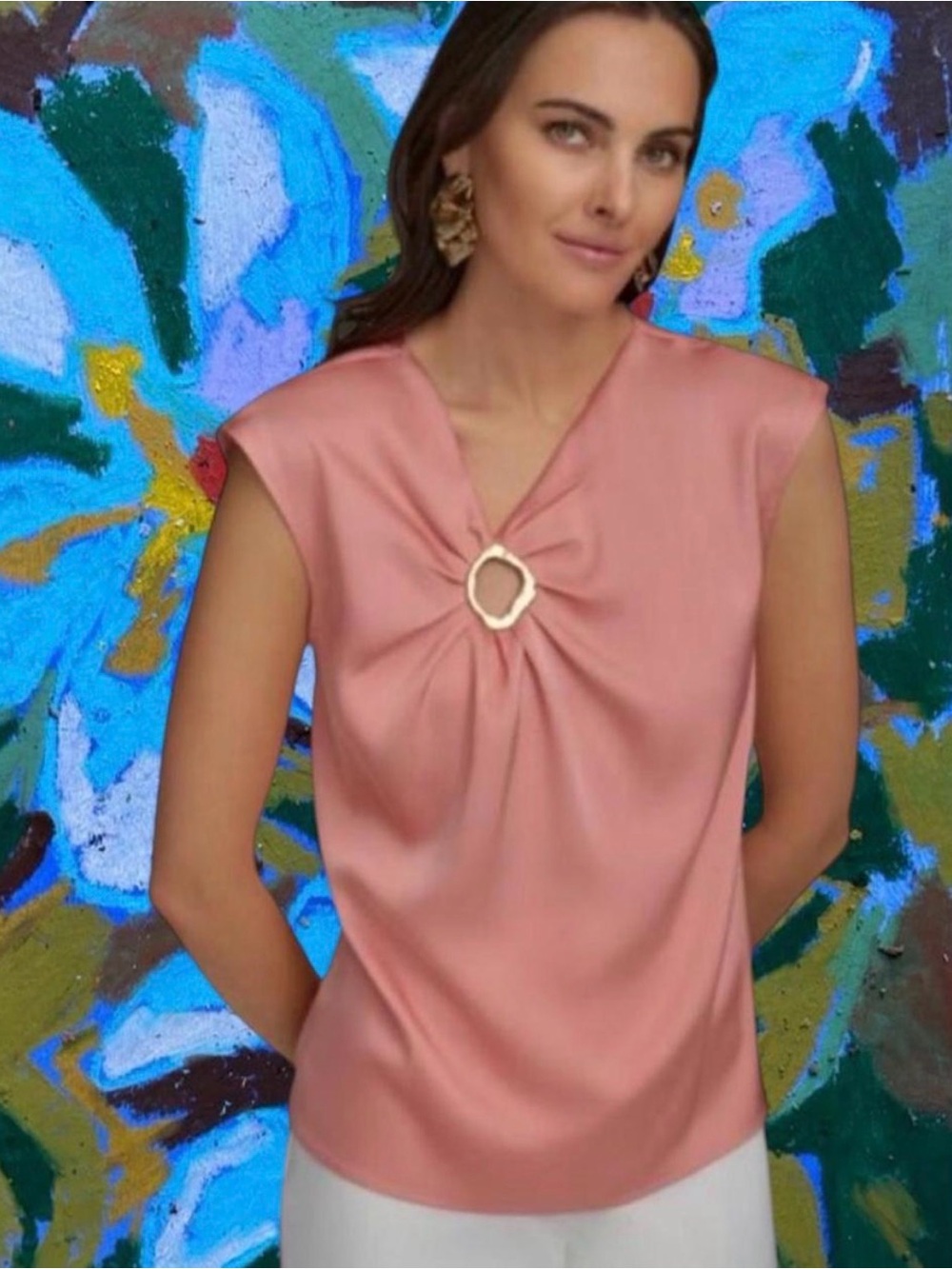 Donna Karan Blush Pink Satin Sleeveless Top with Gold Ring Accent